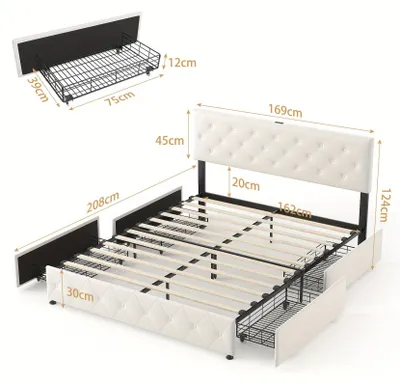 Productafbeelding van Bedframe - Bed - Tweepersoonsbed - Platformbed - Opbergbed - Met 4 Opbergladen - Gestoffeerd Hoofdbord