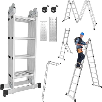 Produktbild von Jayseuw Leiter Mehrzweckleiter Alu Gelenkleiter Klappleiter 470 cm Multifunktionsleiter Aluleiter Mit Plattform 4 X 4 Stufen Silber