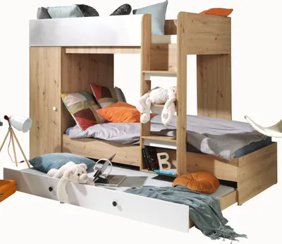 Produktbild von Etagenbett für Kinder SMART 2 Stockbett mit Treppe, DREI Schlafplätze (Artisan Eiche + Weiß matt)