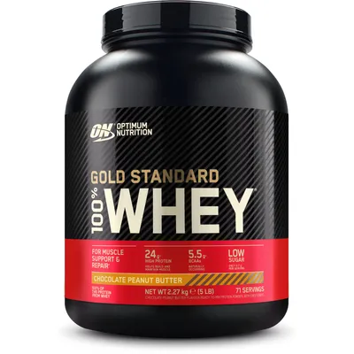 Produktbild von Optimum Nutrition GOLD STANDARD 100% WHEY PROTEIN, Pulver, Hydrolisiertes Molkenprotein, Molkenproteinkonzentrat, Molkenprotein isoliert, Schokolade, Erdnussbutter, 24 g, 1,5 g, 1 g