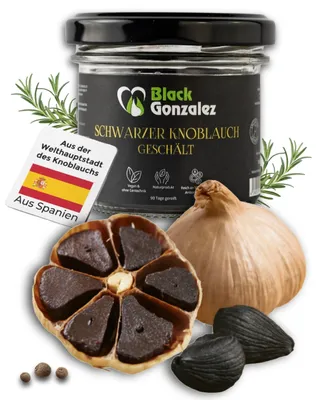 Produktbild von Schwarzer Knoblauch Zehen Geschält 50 g - aus der Knoblauch-Hauptstadt Las Pedroñeras - 90 Tage gereift. Verzehrfertig im wiederverschließbarem Glas