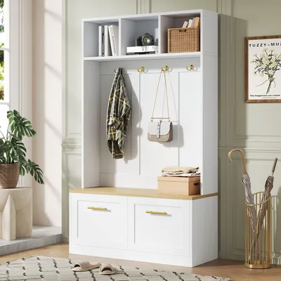 Produktbild von Merax Garderobenständer, Garderobenset mit Sitzbank, offenem Stauraum und 2 Türen - Kompaktgarderobe mit 4 Haken, 105 × 40 × 180 cm, Natur + Weiß