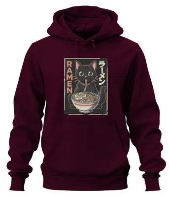 Immagine prodotto di Felpa con cappuccio "RAMEN Schwarze Katze", ispirata all'anime giapponese, con motivo di noodles, stile kawaii, per appassionati di anime e cultura giapponese. Colore: bordeaux. Taglia: XXL