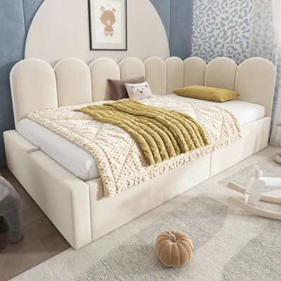 A child's bedroom with a bed, blankets, and toys.