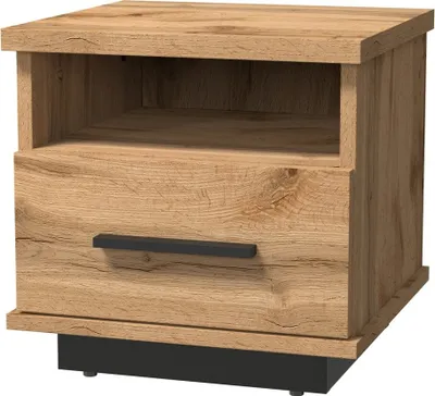 A wooden nightstand with a drawer and an open shelf, set against a white background.