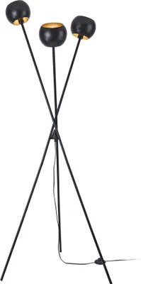 A black tripod floor lamp with three spherical lampshades, each with a gold interior.