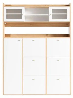Immagine prodotto di Armadio per scarpe - Mobile per l'ingresso - 130 x 25 x 180 cm - Ante in vetro - 6 scomparti a ribalta - 1 porta - Bianco e naturale