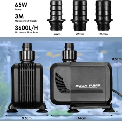 Obrázek produktu pro Ponorné čerpadlo – vhodné pro fontány – 65 W, průtok 3600 l/h – nastavitelný průtok – velmi tiché – výtlak 2,8–3 m – 3 trysky vhodné pro akvária a jezírka