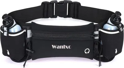 Produktbild von DigiRigi® Laufgürtel Bauchtasche mit 2×175 ml Trinkflaschen, wasserfeste Elasthan-Tasche, Reißverschlussfach 19×10 cm, verstellbar 70–150 cm, schwarz, reflektierend