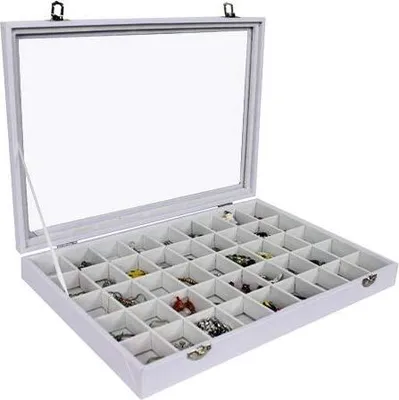 Produktbild von Schmuckkasten Schmucklade Schaukasten Schmuckdisplay Glasdeckel mit 45 Fächern weiss
