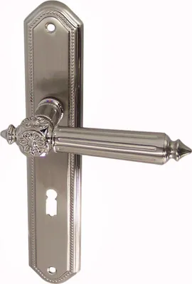 A silver-colored door handle set with a decorative plate and keyhole, shown against a white background.