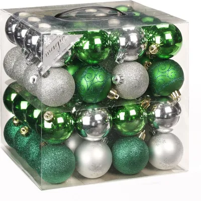Produktbild von 64x Kunststoff Christbaumkugeln Ø 6cm Kugel Box Glanz Glitzer Matt Dekor Inge inkl. Aufhänger, Farbe:Grün-Silber