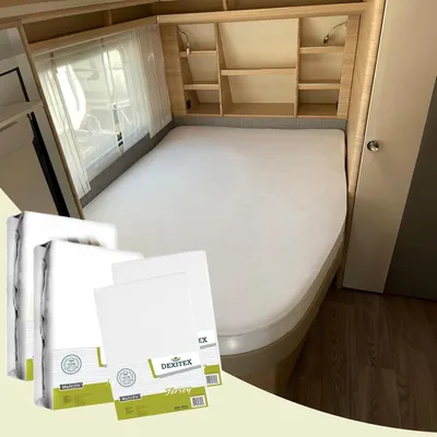 Produktbild von Dexitex Spannbettlaken Wohnmobil 4er Set – 2 Jersey-Spannbettlaken + 2 Molton Matratzenschoner Rechts – Französisches Bett Wohnmobil & Wohnwagen –Weiß