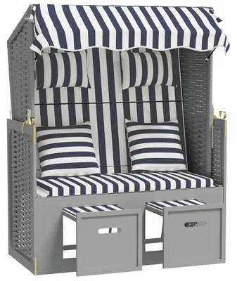 Produktbild von vidaXL Strandkorb mit Kissen Poly Rattan und Massivholz Blau & Weiß