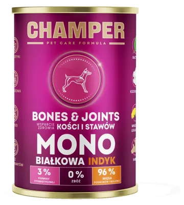 Productafbeelding van Champer Botten & Gewrichten 400g: natvoer voor honden met kalkoen, speciaal ontwikkeld om de gezondheid van botten en gewrichten te ondersteunen