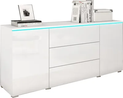 Produktbild von MIRJAN24 Kommode Vera, Griffloses Öffnungssystem, Sideboard, Stilvoll Highboard Schrank (Farbe: Weiß / Weiß Hochglanz, mit weißer LED Beleuchtung)