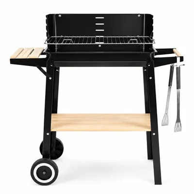 Zdjęcie produktu dla Grill węglowy ogrodowy 53x33 cm z półką kółkami i kratką do podgrzewania czarny duży