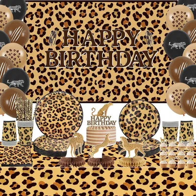 Produktbild von Omgoods – Geburtstagsparty-Dekorationen mit Leopardenmuster – "Happy Birthday"-Banner – Tortenaufsätze – Tischdecke – Ballons – 20 Stück – Partyartikel