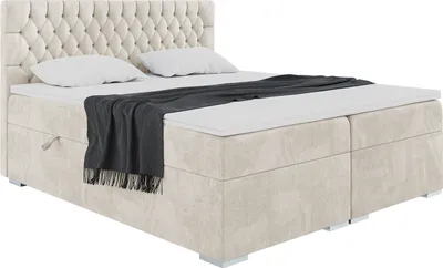 Produktbild von MEBLINI Boxspringbett mit Bettkasten - Gepolstert Doppelbett mit Matratze und Topper - Polsterbett mit Stauraum - Bett mit Kopfteil - Stauraumbett - DALIA - 140x200 - H3/Creme Samt