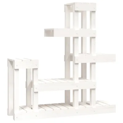 A white wooden plant stand with multiple tiers.
