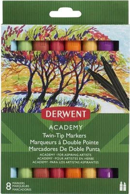 Image de Paquet de 8 feutres de haute qualité à 2 pointes, fines et biseautées, de différentes couleurs derwent 98208