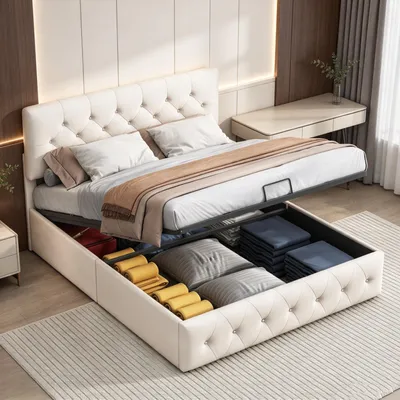 Obrázek produktu pro Postel s pružinovou základnou INONEFT, čalouněná, rozměr 160x200 cm, s úložným prostorem, hydraulicky otevíratelná, s roštovou základnou, postel pro mládež, dvoulůžko, s čelem, barva: béžová, materiál: samet