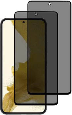 Three privacy screen protectors are layered on top of each other, with the front one partially covering a smartphone screen.