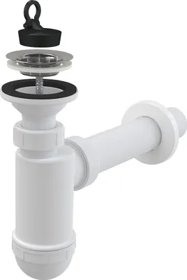 A disassembled sink trap with a stopper and strainer.