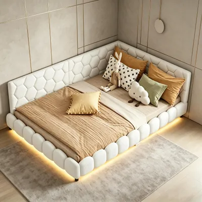 Immagine prodotto di Letto imbottito INONEFT 140x200 cm con USB, divano letto con rete a doghe e LED, letto multifunzione matrimoniale, bianco
