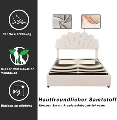Produktbild von STILVORA Polsterbett 140x200 Kinderbett mit hydraulischem Stauraum,Bettgestell mit Kopfteil in Blumenform,Jugendbett mit Lattenrost,ohne Matratze,Beige
