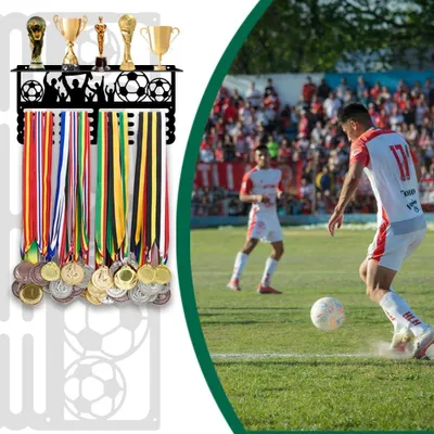 Produktbild von Trophäen- und Medaillen-Displayregal mit Haken - Metall-Trophäenregal - Wandmontiertes, geschichtetes Auszeichnungsregal für Sportwettbewerbsathleten Medaillen Auszeichnungen