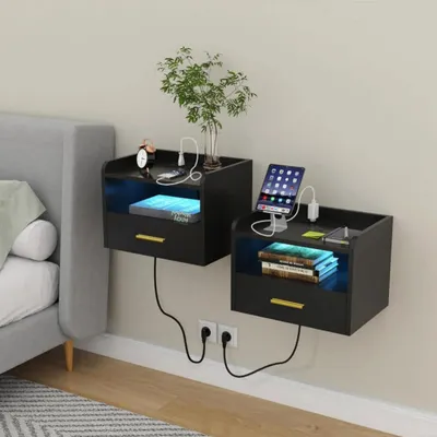 Produktbild von Wandhängende Nachttische - Nachtkommode 2er-Set - Offenes Fach und Schublade - Mit Steckdosen und USB - Holz - Schwarz