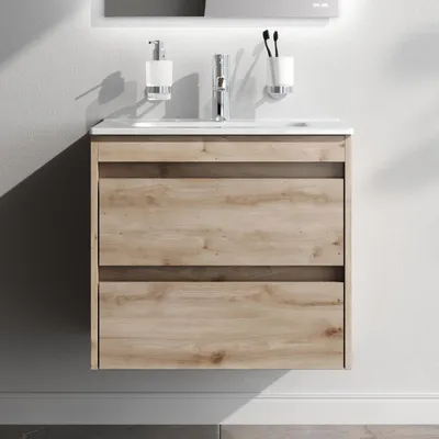 Produktbild von AM.PM Badmöbel Set Badezimmerschrank Hängender Waschbecken mit Unterschrank mit Soft Close, wandhängend, mit 2 Schubladen, Farbe Eiche, als Flachpaket