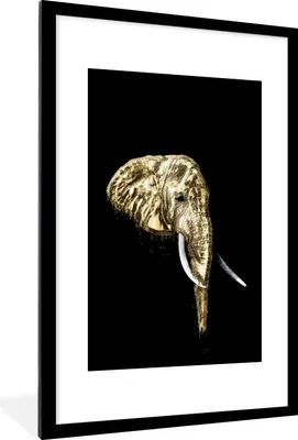 Produktbild von MuchoWow® MuchoWow® Gerahmtes Poster Elefant - Schwarz - Gold 60x90 cm - Poster mit zchwarzem Bilderrahmen - Dekoration - Wandposter Wohnzimmer - Hochwertig