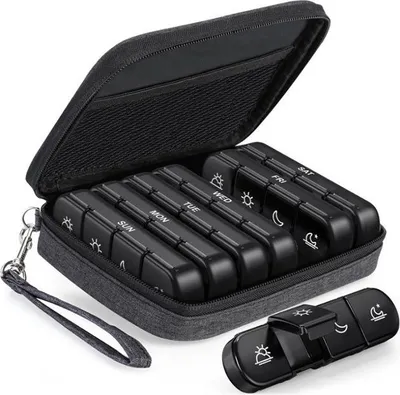 Produktbild von Tablettenbox 7 Tage Morgens Mittags Abends, Canvas Tasche Medikamentenbox 7 Tage mit tragbarer Stofftasche mit Rei?verschluss