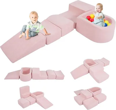 Image de Blocs de mousse XXL, grandes structures d'escalade avec piscine à balles, grands blocs de construction pour jouer et grimper, blocs de jeu souples pour la maison, les chambres d'enfants et les salles de jeux (rose, tissu velours)