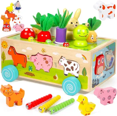 Productafbeelding van Montessori Speelgoed vanaf 1 jaar - 1 houten motoriekspeelgoed - Boerderijauto's met wielen - Kinderwortelen - Steekspel - Houten speelgoed