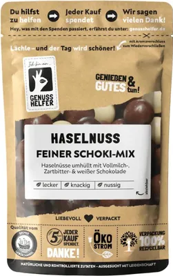 Produktbild von Haselnuss feiner Schoki-Mix, Haselnüsse in Vollmilch-, Zartbitter- & weißer Schokolade, 200g
