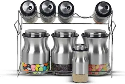 Produktbild von 9-teiliges Gewürzregal mit Ständer - 2-stöckig in Edelstahl & Glas Design