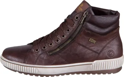 A side view of a brown leather high-top sneaker with a zipper and laces.