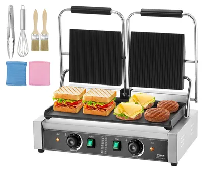 Immagine prodotto di VEVOR grill commerciale, macchina per panini elettrica da 3600 W, doppia griglia per panini in acciaio inox, griglia per panini con controllo della temperatura e piastra smaltata 19 "x9"