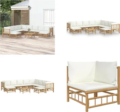 Produktbild von vidaXL 11 tlg. Garten Lounge Set mit Cremeweißen Kissen Bambus - Garten Lounge Set - Garten Lounge Sets - Lounge Set - Gartenmöbel Set