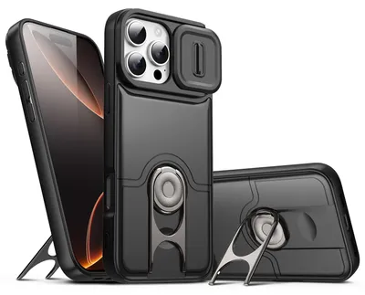 Image de Coque pour iPhone 16 Pro avec protection pour l'appareil photo et anneau-support, coque hybride antichoc, noire