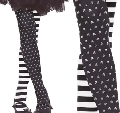 Produktbild von Wednesday Gothic Strumpfhose Schwarz-Weiß Streifen Totenkopf Halloween 7-12 Jahre
