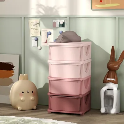 Produktbild von SUGIFT Kinder Aufbewahrungsregal mit Sitzfläche, 4 Schubladen Spielzeugbox, Kinderzimmer Organizer, Kunststoff, Rosa | 37x37x76 cm | abgerundete Kanten