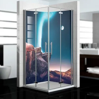 Produktbild von dedeco Eck-Duschrückwände Aluminium wasserfest Motiv: Polarlicht V1, 2 x 90x200x0,3cm, Badrückwand, Fliesenersatz fugenlos Wandverkleidung Wandpaneele,  Germany