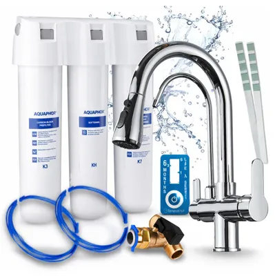 Produktbild von Ari 3-Wege-Küchenarmatur Nordic, Chrom, Ausziehbare Spültischarmatur Im Set Mit Aquaphor Kristall H Wasserfiltersystem, 360° Schwenkbar