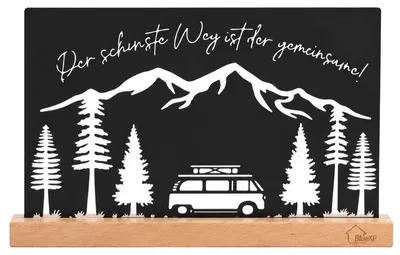 Produktbild von Campingwagen-Hochzeitsgeschenk, Metall mit Holzsockel
