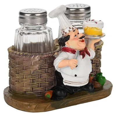 Salz- und Pfefferstreuer-Set mit Kochfigur-Ständer, Glas, Edelstahl, Harz