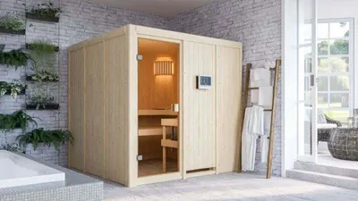 Productafbeelding van Woodfeeling Sauna Oulu (entree aan de voorkant), volledig glazen deur, bronskleurig, 9 kW oven met externe bediening, eenvoudig in gebruik